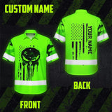 Hi Vis Hawaiian Skull Shirt, Green Neon Custom Name High Visibility Short Sleeve Button Down Shirt for Workers, Truckers