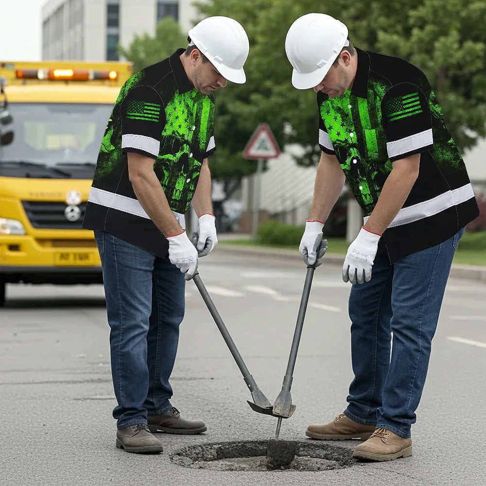 Hi Vis Hawaiian Skull Shirt, Green Neon Custom Name High Visibility Short Sleeve Button Down Shirt for Workers, Truckers