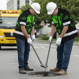 Hi Vis Hawaiian Skull Shirt, Green Neon Custom Name High Visibility Short Sleeve Button Down Shirt for Workers, Truckers
