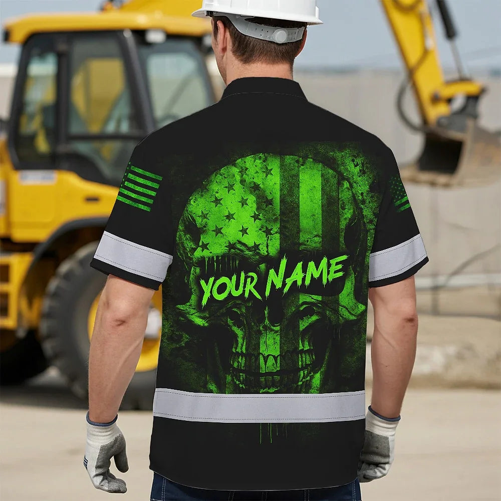 Hi Vis Hawaiian Skull Shirt, Green Neon Custom Name High Visibility Short Sleeve Button Down Shirt for Workers, Truckers