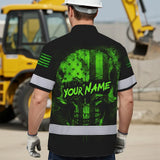 Hi Vis Hawaiian Skull Shirt, Green Neon Custom Name High Visibility Short Sleeve Button Down Shirt for Workers, Truckers