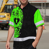 Hi Vis Hawaiian Skull Shirt, Green Neon Custom Name High Visibility Short Sleeve Button Down Shirt for Workers, Truckers