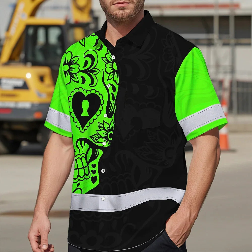 Hi Vis Hawaiian Skull Shirt, Green Neon Custom Name High Visibility Short Sleeve Button Down Shirt for Workers, Truckers