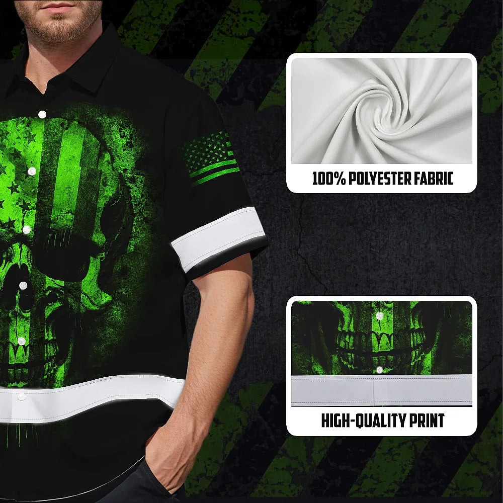 Hi Vis Hawaiian Skull Shirt, Green Neon Custom Name High Visibility Short Sleeve Button Down Shirt for Workers, Truckers