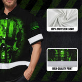 Hi Vis Hawaiian Skull Shirt, Green Neon Custom Name High Visibility Short Sleeve Button Down Shirt for Workers, Truckers