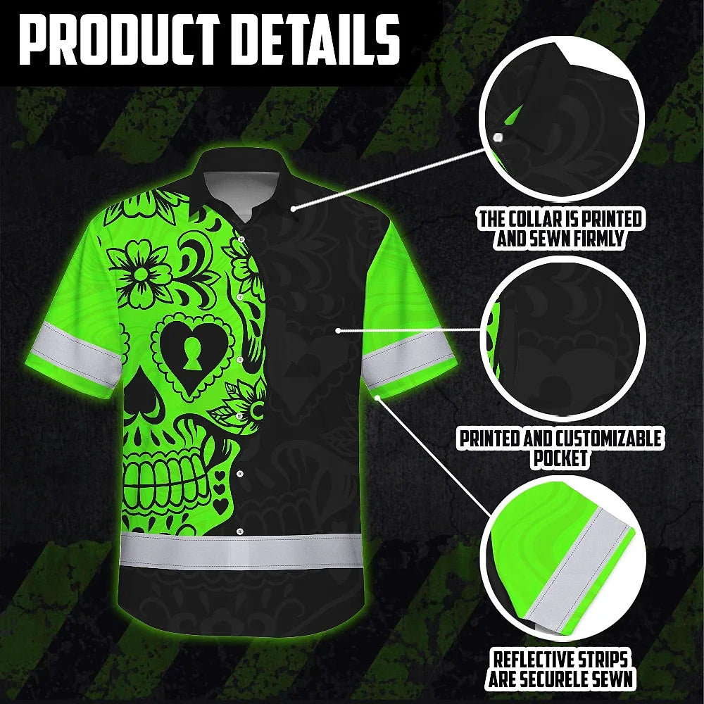 Hi Vis Hawaiian Skull Shirt, Green Neon Custom Name High Visibility Short Sleeve Button Down Shirt for Workers, Truckers
