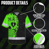 Hi Vis Hawaiian Skull Shirt, Green Neon Custom Name High Visibility Short Sleeve Button Down Shirt for Workers, Truckers