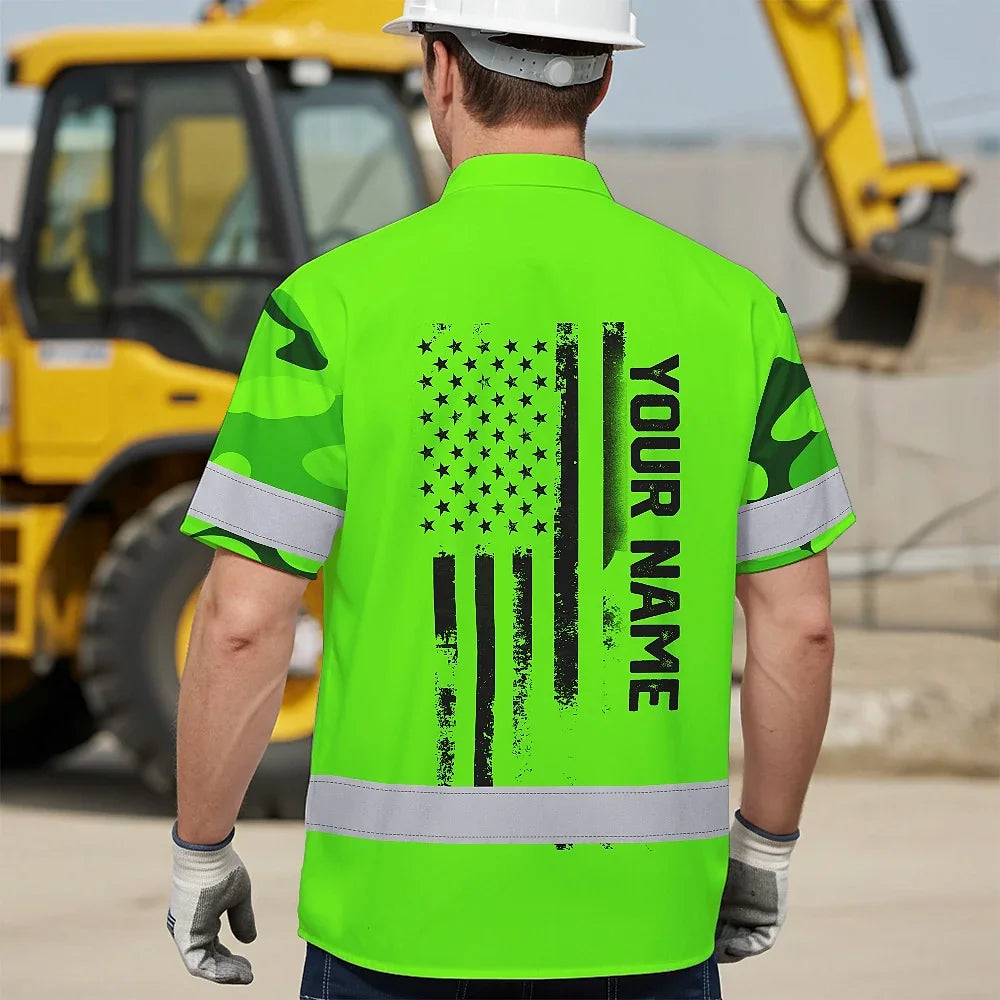 Hi Vis Hawaiian Skull Shirt, Green Neon Custom Name High Visibility Short Sleeve Button Down Shirt for Workers, Truckers