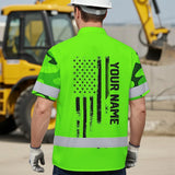 Hi Vis Hawaiian Skull Shirt, Green Neon Custom Name High Visibility Short Sleeve Button Down Shirt for Workers, Truckers