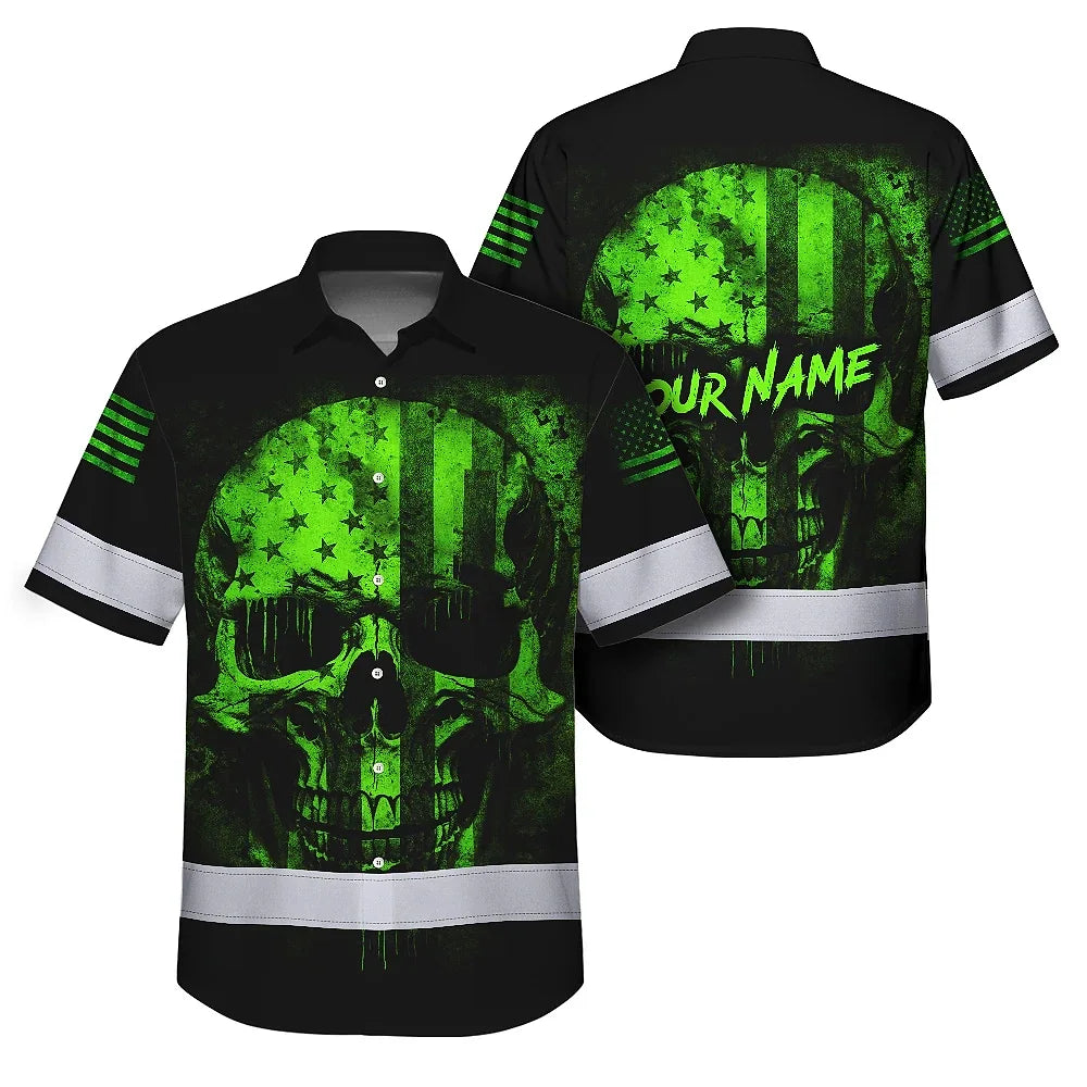 Hi Vis Hawaiian Skull Shirt, Green Neon Custom Name High Visibility Short Sleeve Button Down Shirt for Workers, Truckers