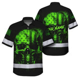 Hi Vis Hawaiian Skull Shirt, Green Neon Custom Name High Visibility Short Sleeve Button Down Shirt for Workers, Truckers
