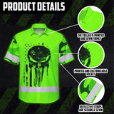 Hi Vis Hawaiian Skull Shirt, Green Neon Custom Name High Visibility Short Sleeve Button Down Shirt for Workers, Truckers