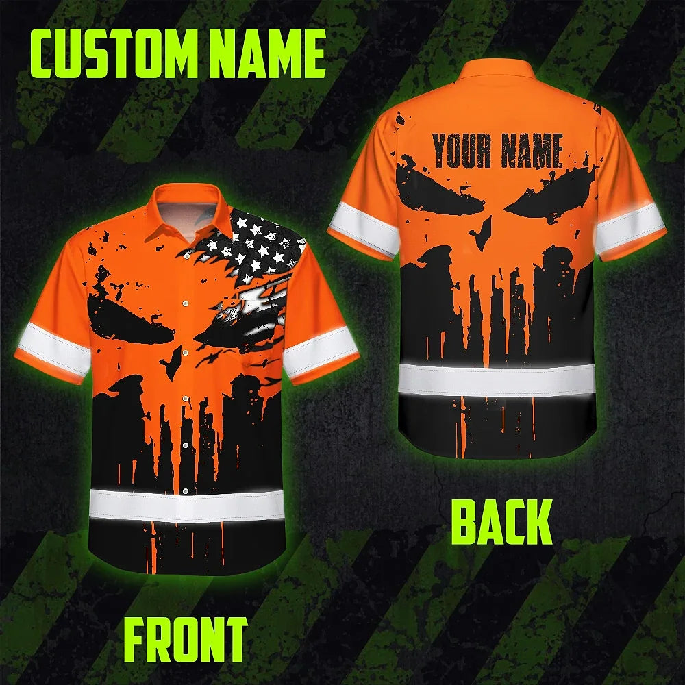 Hi Vis Hawaiian Skull Shirt, Orange Neon Custom Name High Visibility Short Sleeve Button Down Shirt for Workers, Truckers