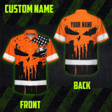 Hi Vis Hawaiian Skull Shirt, Orange Neon Custom Name High Visibility Short Sleeve Button Down Shirt for Workers, Truckers