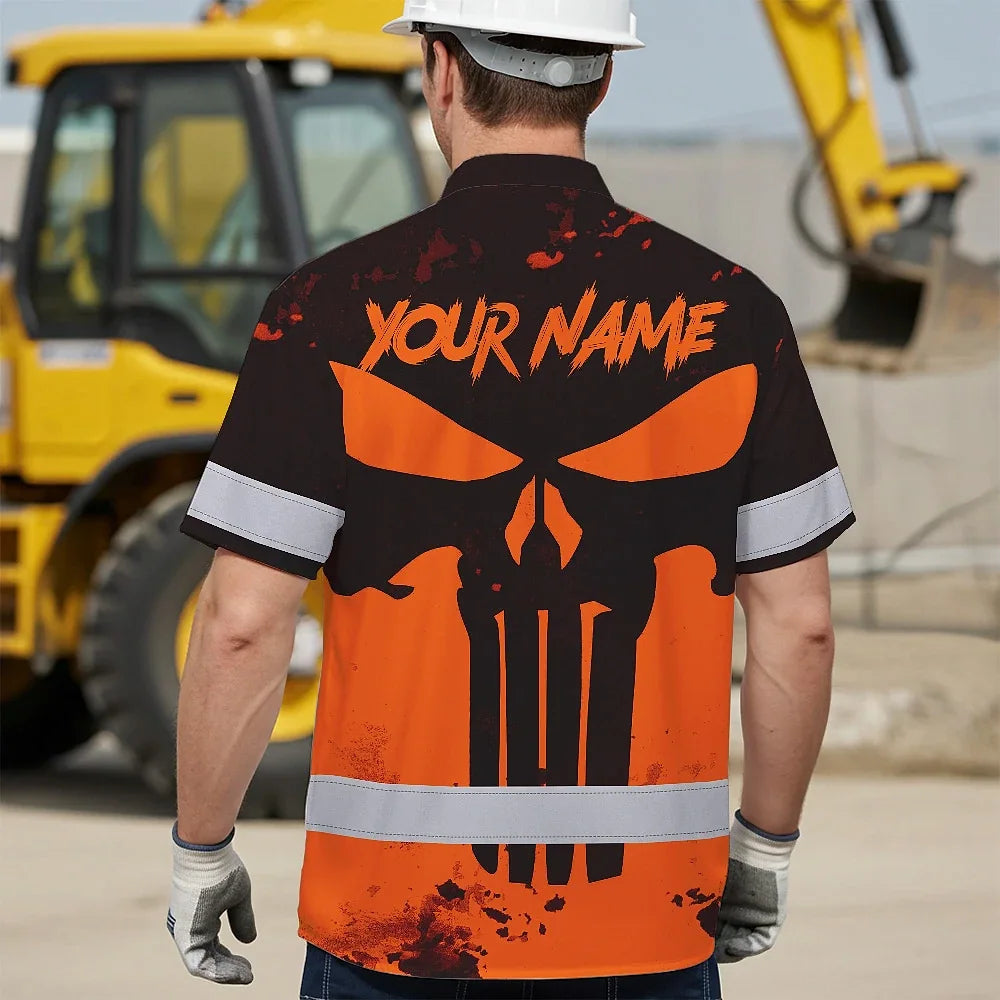 Hi Vis Hawaiian Skull Shirt, Orange Neon Custom Name High Visibility Short Sleeve Button Down Shirt for Workers, Truckers