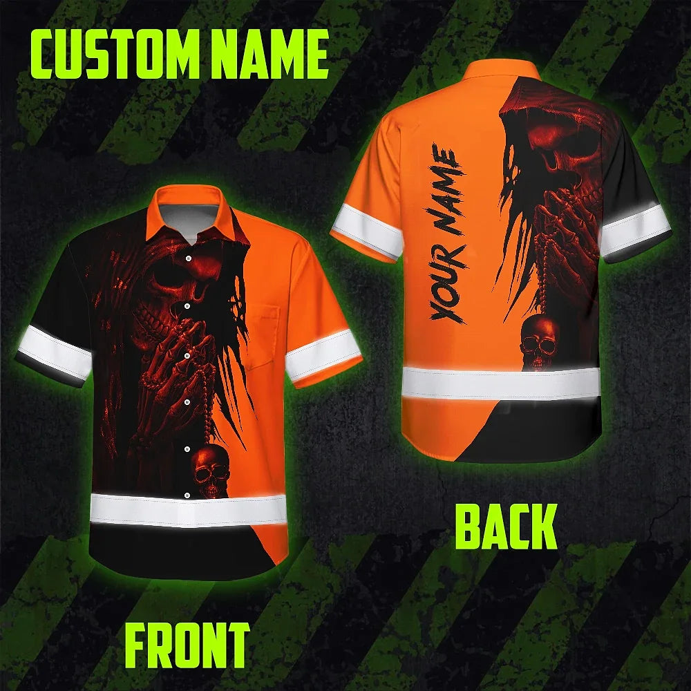 Hi Vis Hawaiian Skull Shirt, Orange Neon Custom Name High Visibility Short Sleeve Button Down Shirt for Workers, Truckers