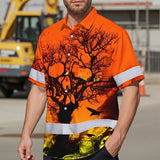 Hi Vis Hawaiian Skull Shirt, Orange Neon Custom Name High Visibility Short Sleeve Button Down Shirt for Workers, Truckers