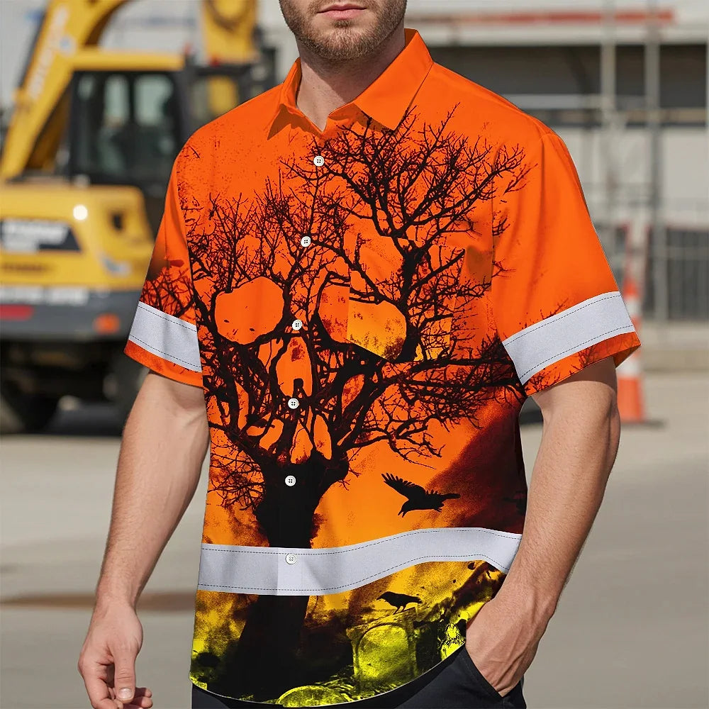 Hi Vis Hawaiian Skull Shirt, Orange Neon Custom Name High Visibility Short Sleeve Button Down Shirt for Workers, Truckers