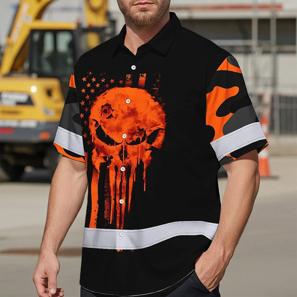 Hi Vis Hawaiian Skull Shirt, Orange Neon Custom Name High Visibility Short Sleeve Button Down Shirt for Workers, Truckers