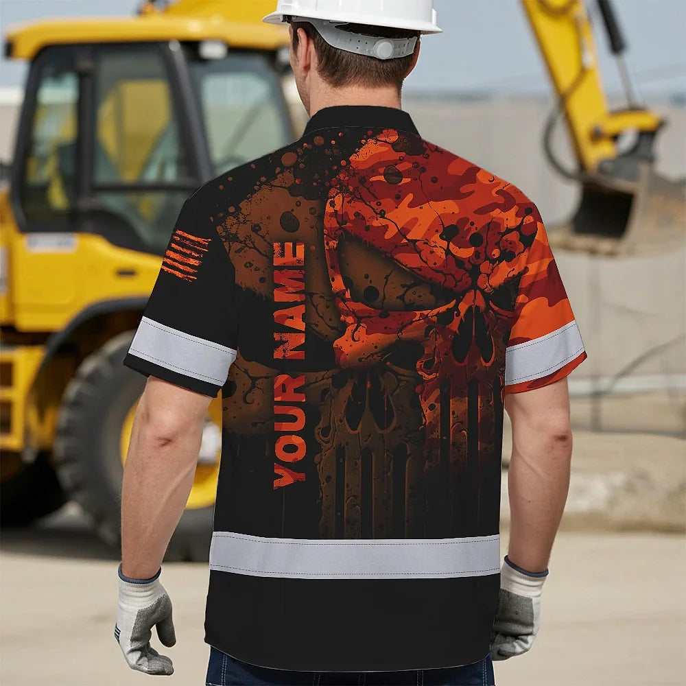 Hi Vis Hawaiian Skull Shirt, Orange Neon Custom Name High Visibility Short Sleeve Button Down Shirt for Workers, Truckers
