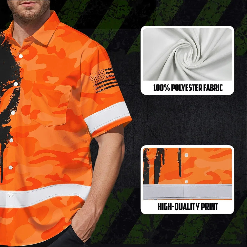 Hi Vis Hawaiian Skull Shirt, Orange Neon Custom Name High Visibility Short Sleeve Button Down Shirt for Workers, Truckers