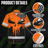 Hi Vis Hawaiian Skull Shirt, Orange Neon Custom Name High Visibility Short Sleeve Button Down Shirt for Workers, Truckers