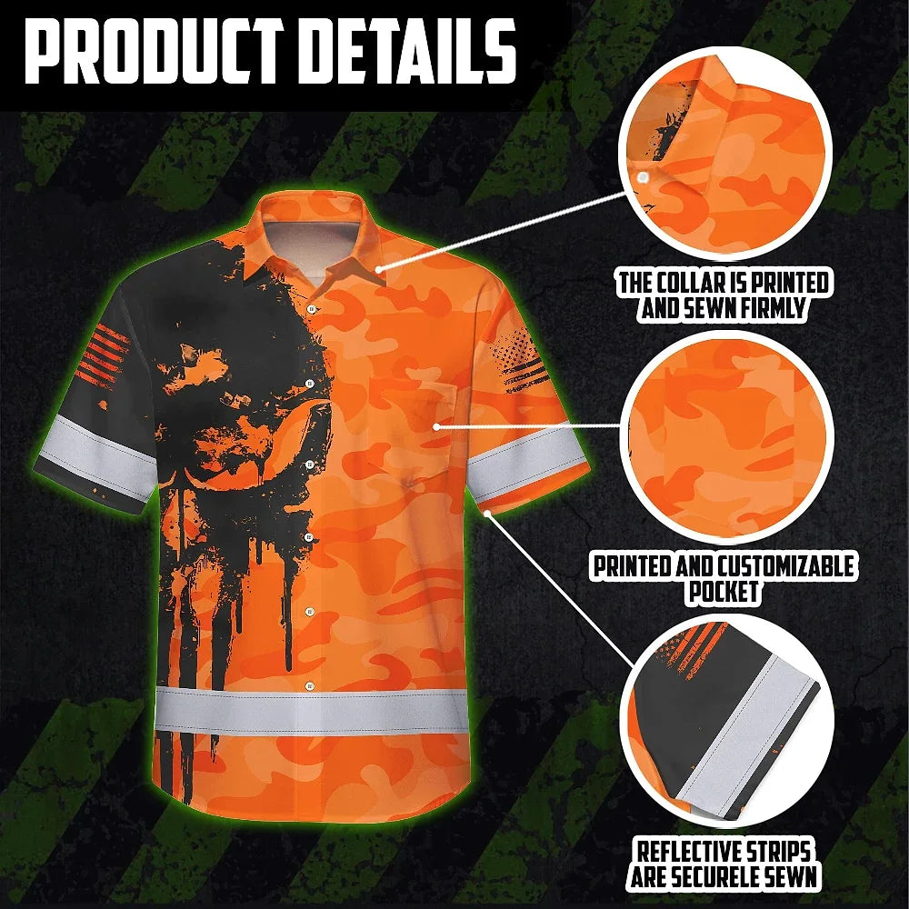 Hi Vis Hawaiian Skull Shirt, Orange Neon Custom Name High Visibility Short Sleeve Button Down Shirt for Workers, Truckers
