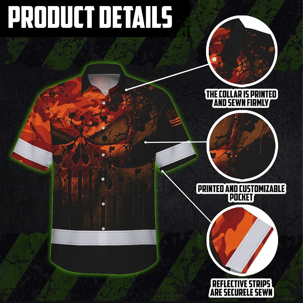 Hi Vis Hawaiian Skull Shirt, Orange Neon Custom Name High Visibility Short Sleeve Button Down Shirt for Workers, Truckers