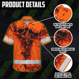 Hi Vis Hawaiian Skull Shirt, Orange Neon Custom Name High Visibility Short Sleeve Button Down Shirt for Workers, Truckers