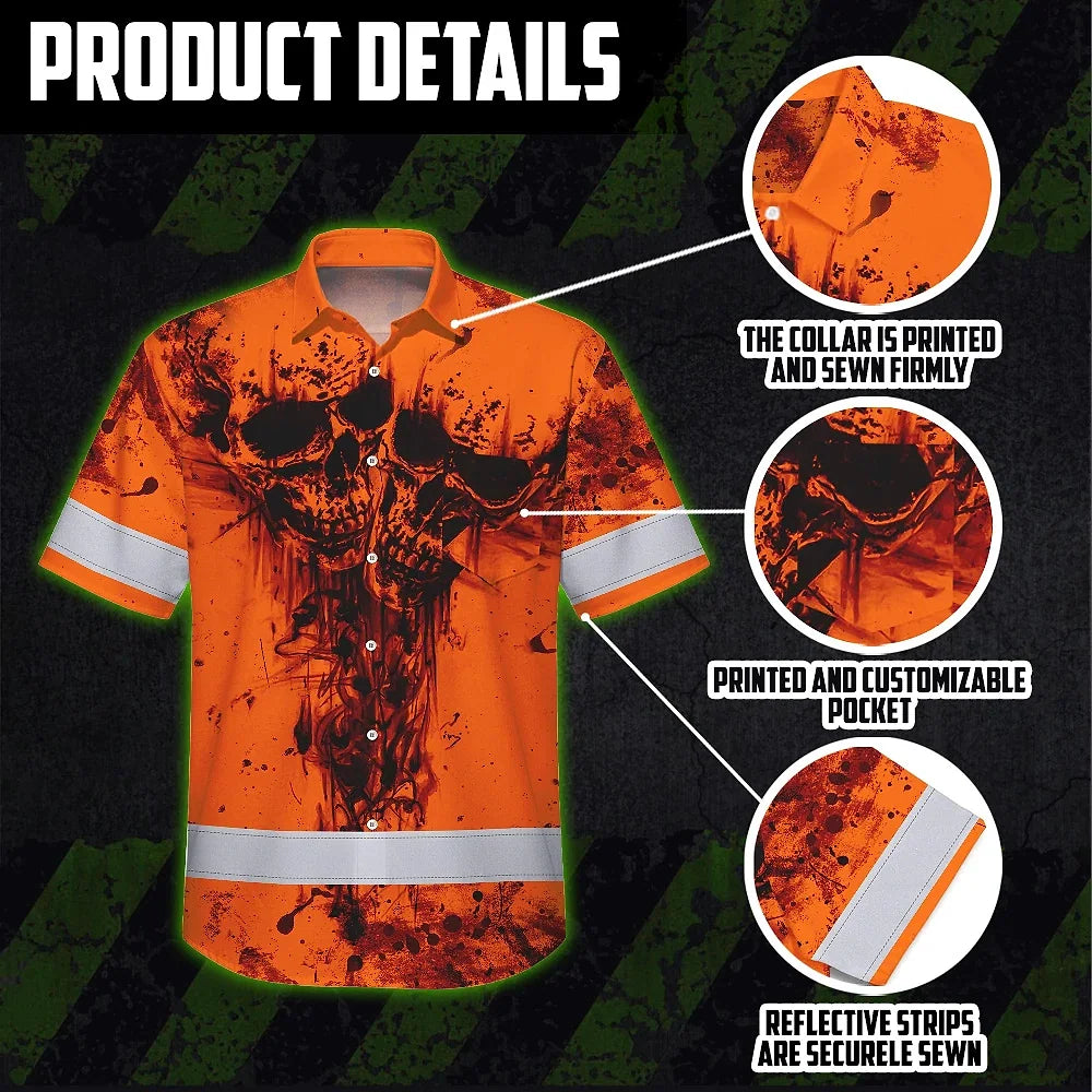 Hi Vis Hawaiian Skull Shirt, Orange Neon Custom Name High Visibility Short Sleeve Button Down Shirt for Workers, Truckers