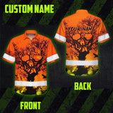 Hi Vis Hawaiian Skull Shirt, Orange Neon Custom Name High Visibility Short Sleeve Button Down Shirt for Workers, Truckers