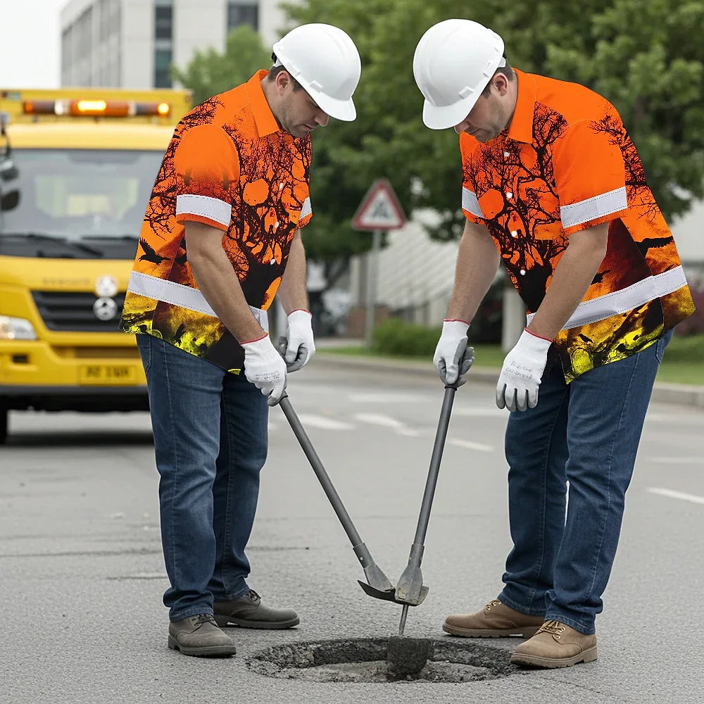 Hi Vis Hawaiian Skull Shirt, Orange Neon Custom Name High Visibility Short Sleeve Button Down Shirt for Workers, Truckers