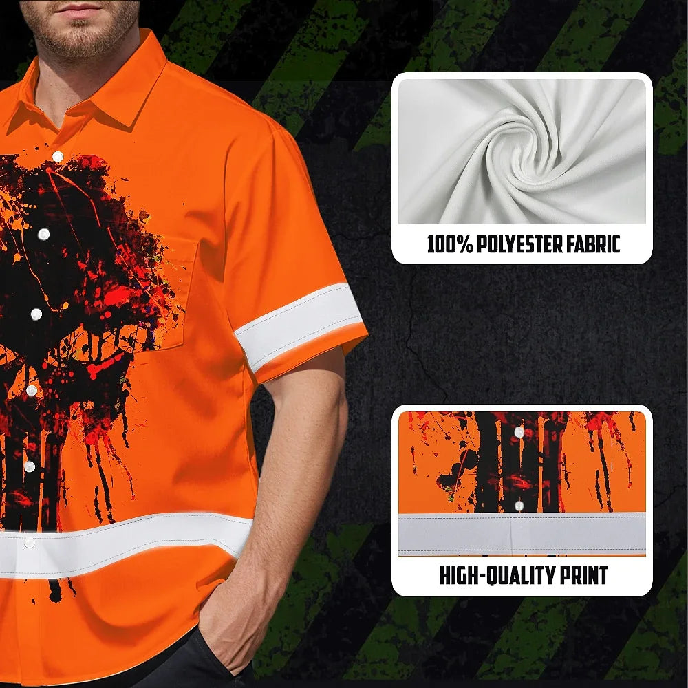 Hi Vis Hawaiian Skull Shirt,Orange Neon Custom Name High Visibility Short Sleeve Button Down Shirt for Workers, Truckers