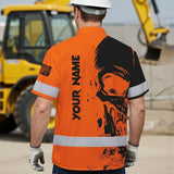 Hi Vis Hawaiian Skull Shirt, Orange Neon Custom Name High Visibility Short Sleeve Button Down Shirt for Workers, Truckers