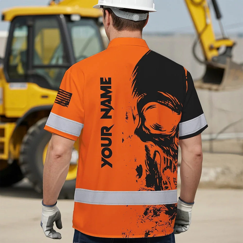 Hi Vis Hawaiian Skull Shirt, Orange Neon Custom Name High Visibility Short Sleeve Button Down Shirt for Workers, Truckers