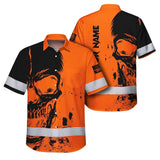 Hi Vis Hawaiian Skull Shirt, Orange Neon Custom Name High Visibility Short Sleeve Button Down Shirt for Workers, Truckers