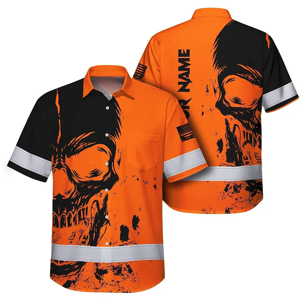 Hi Vis Hawaiian Skull Shirt, Orange Neon Custom Name High Visibility Short Sleeve Button Down Shirt for Workers, Truckers