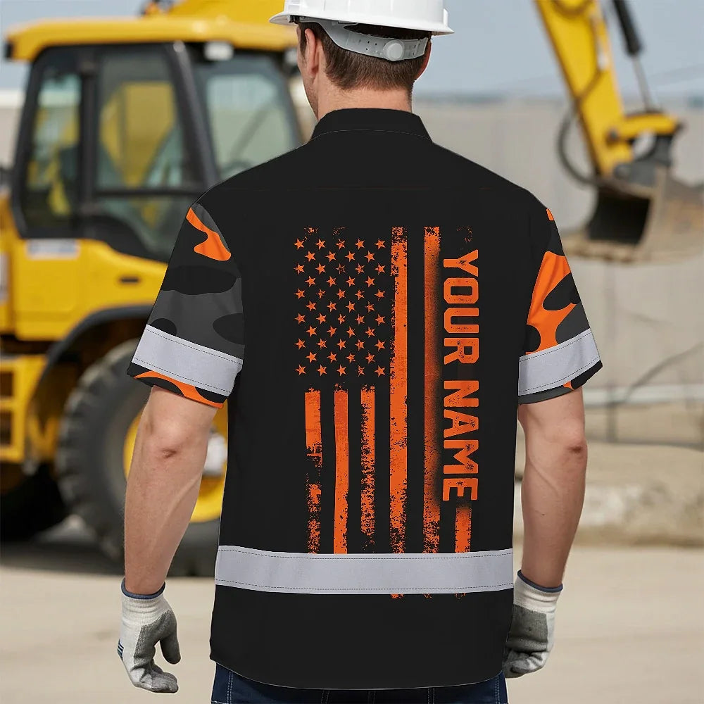 Hi Vis Hawaiian Skull Shirt, Orange Neon Custom Name High Visibility Short Sleeve Button Down Shirt for Workers, Truckers