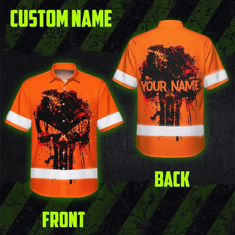 Hi Vis Hawaiian Skull Shirt,Orange Neon Custom Name High Visibility Short Sleeve Button Down Shirt for Workers, Truckers