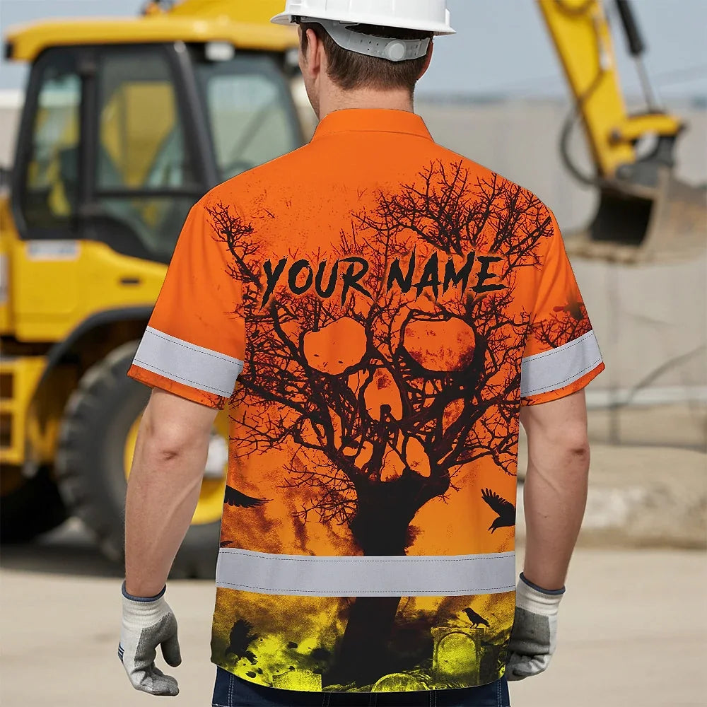 Hi Vis Hawaiian Skull Shirt, Orange Neon Custom Name High Visibility Short Sleeve Button Down Shirt for Workers, Truckers