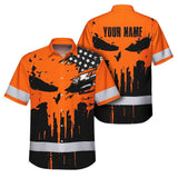Hi Vis Hawaiian Skull Shirt, Orange Neon Custom Name High Visibility Short Sleeve Button Down Shirt for Workers, Truckers