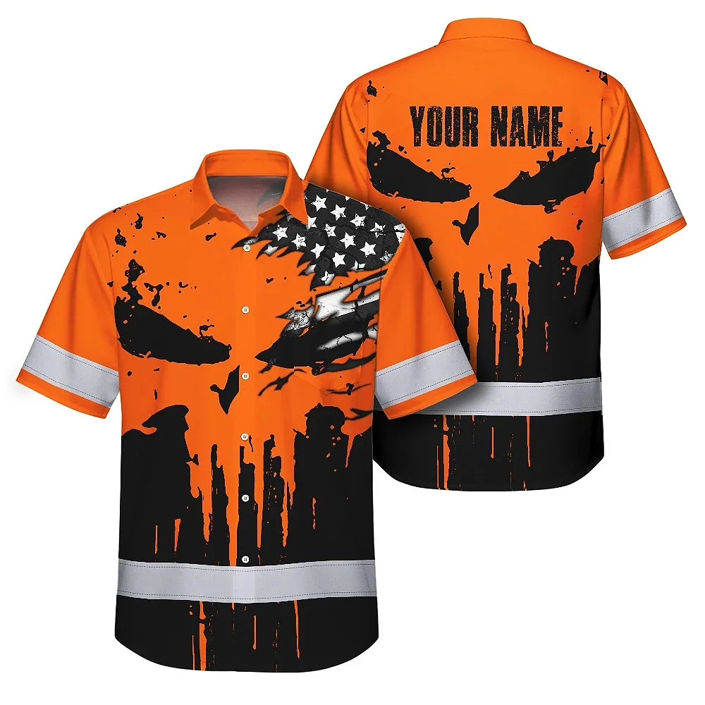 Hi Vis Hawaiian Skull Shirt, Orange Neon Custom Name High Visibility Short Sleeve Button Down Shirt for Workers, Truckers