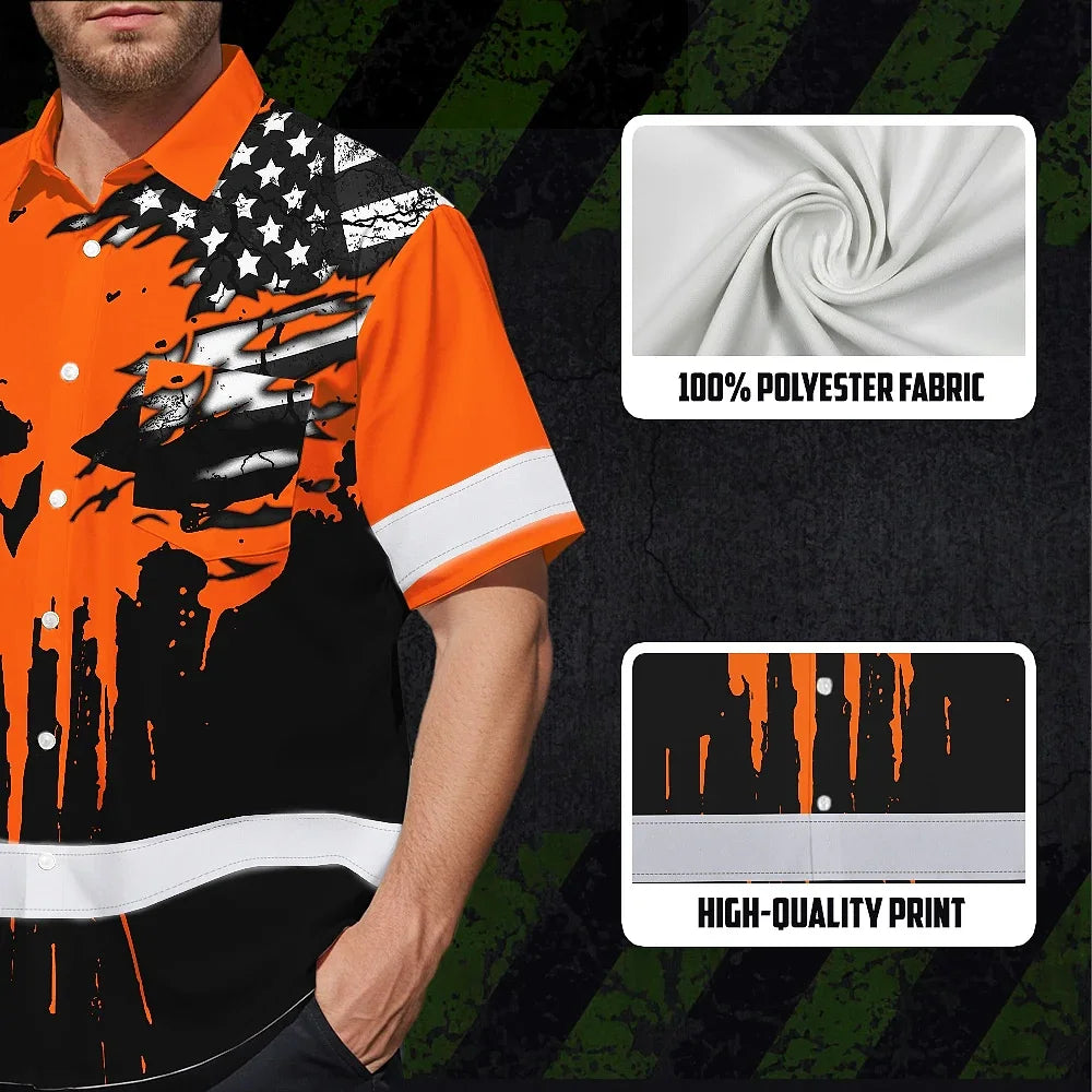 Hi Vis Hawaiian Skull Shirt, Orange Neon Custom Name High Visibility Short Sleeve Button Down Shirt for Workers, Truckers