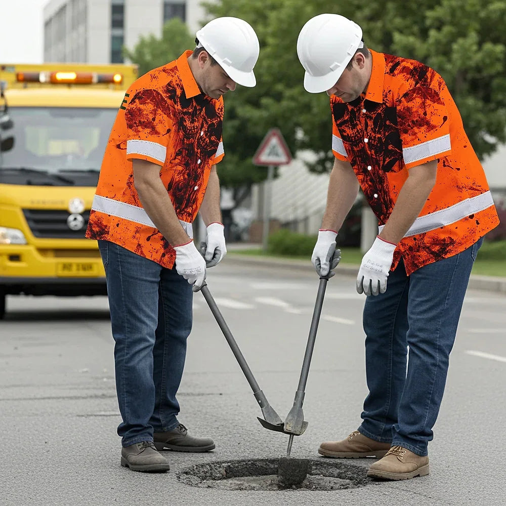 Hi Vis Hawaiian Skull Shirt, Orange Neon Custom Name High Visibility Short Sleeve Button Down Shirt for Workers, Truckers