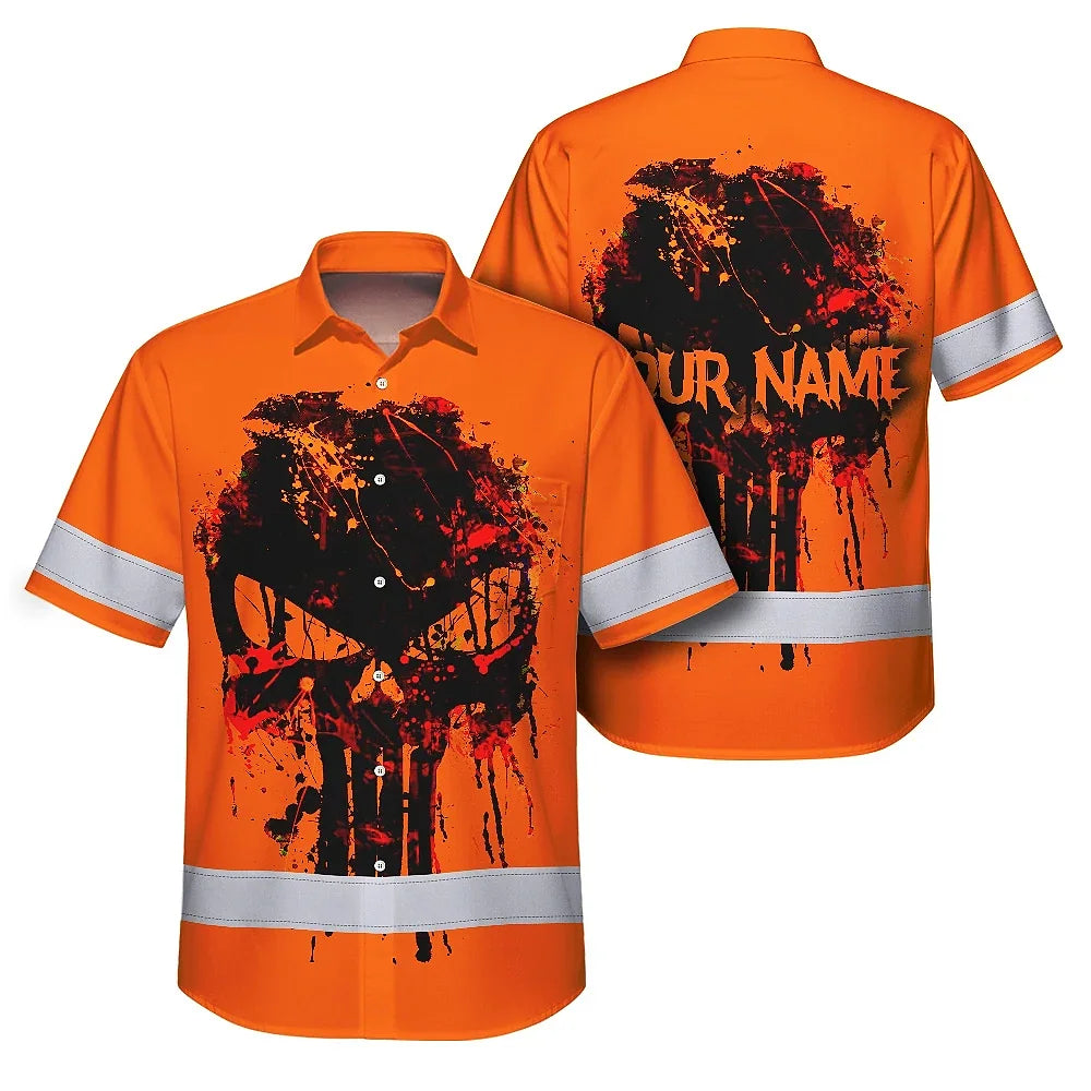 Hi Vis Hawaiian Skull Shirt,Orange Neon Custom Name High Visibility Short Sleeve Button Down Shirt for Workers, Truckers