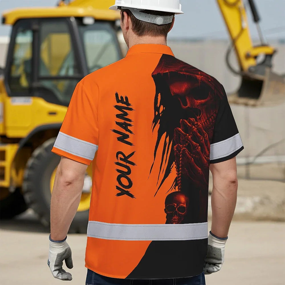 Hi Vis Hawaiian Skull Shirt, Orange Neon Custom Name High Visibility Short Sleeve Button Down Shirt for Workers, Truckers