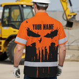 Hi Vis Hawaiian Skull Shirt, Orange Neon Custom Name High Visibility Short Sleeve Button Down Shirt for Workers, Truckers