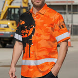 Hi Vis Hawaiian Skull Shirt, Orange Neon Custom Name High Visibility Short Sleeve Button Down Shirt for Workers, Truckers