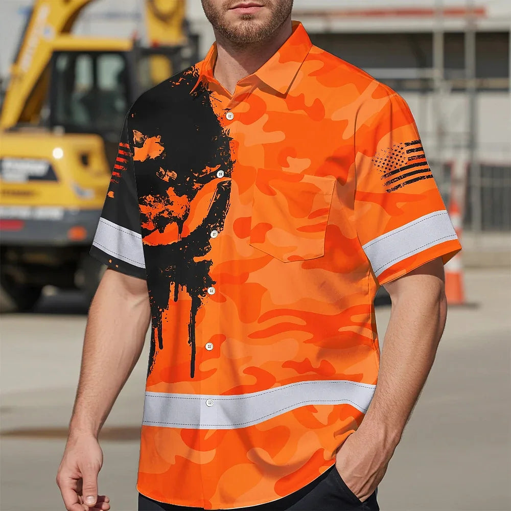 Hi Vis Hawaiian Skull Shirt, Orange Neon Custom Name High Visibility Short Sleeve Button Down Shirt for Workers, Truckers