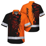 Hi Vis Hawaiian Skull Shirt, Orange Neon Custom Name High Visibility Short Sleeve Button Down Shirt for Workers, Truckers